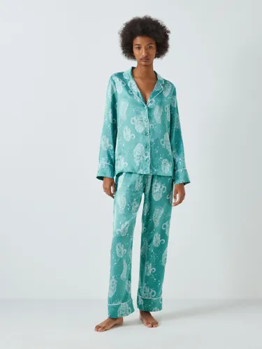 John Lewis Kendra Leopard Shirt Silk Long Pyjama Set, Teal - Teal - Female