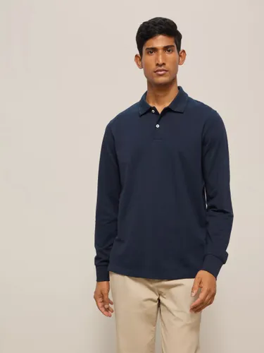 John Lewis Supima Cotton Long Sleeve Jersey Polo Shirt - Navy - Male