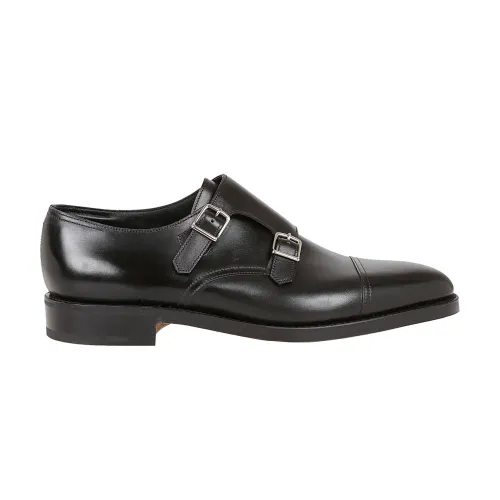 John Lobb , Black Leather Double Buckle Loafers ,Black male, Sizes: