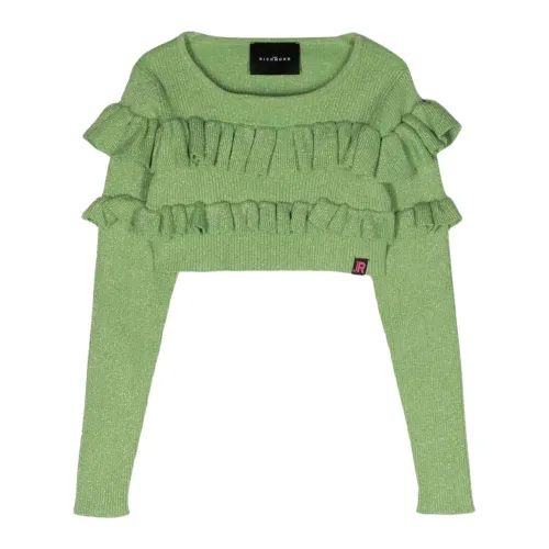 John Richmond , Green Metallic Cropped Sweater with Ruffles ,Green female, Sizes: