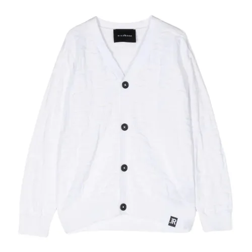 John Richmond , White Knit Cardigan with All Over Pattern and Logo Detail ,White male, Sizes: