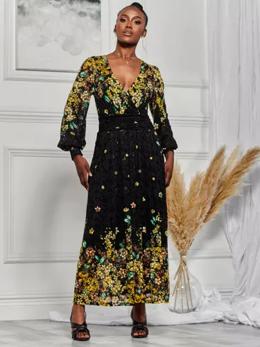 Jolie Moi Amica Symmetrical Floral Print Lace Maxi Dress, Black/Multi - Black/Multi - Female