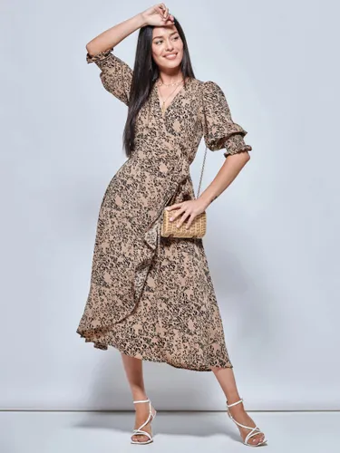Jolie Moi Animal Print Crepe Wrap Midi Dress, Stone - Stone - Female