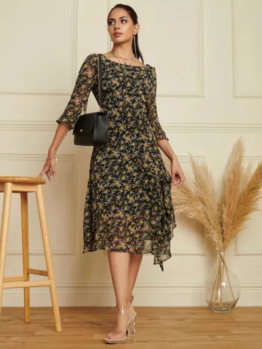 Jolie Moi Floral Print Chiffon Midi Dress - Black - Female