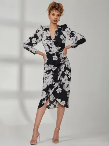 Jolie Moi Floral Print Satin Bodycon Wrap Dress, Black/Multi - Black/Multi - Female