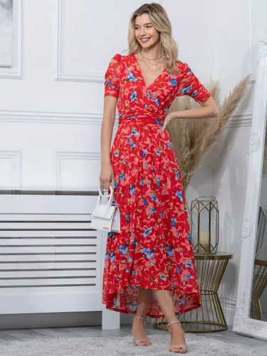 Jolie Moi Gavina Ruched Sleeve Mesh Maxi Dress - Red Multi - Female