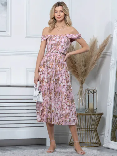 Jolie Moi Kiara Floral Print Bardot Mesh Midi Dress, Light Pink - Light Pink - Female