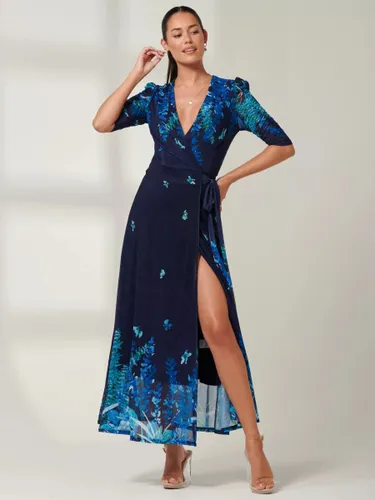 Jolie Moi Kinley Mirrored Leaf Print Maxi Wrap Dress - Navy/Multi - Female
