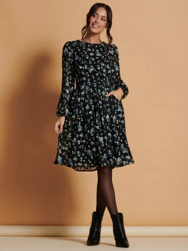 Jolie Moi Long Sleeve Floral Chiffon Flared Dress, Black/Multi - Black/Multi - Female