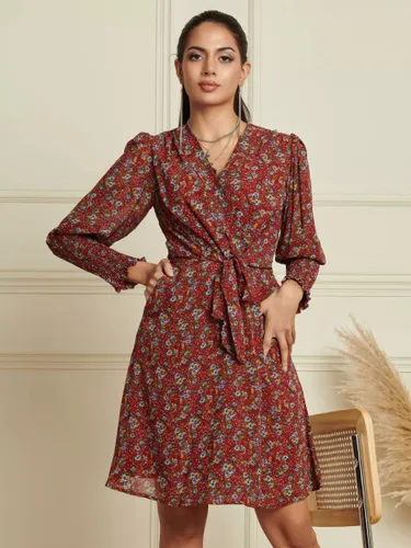 Jolie Moi Shirred Tie Waist Floral Print Mini Dress - Burgundy - Female