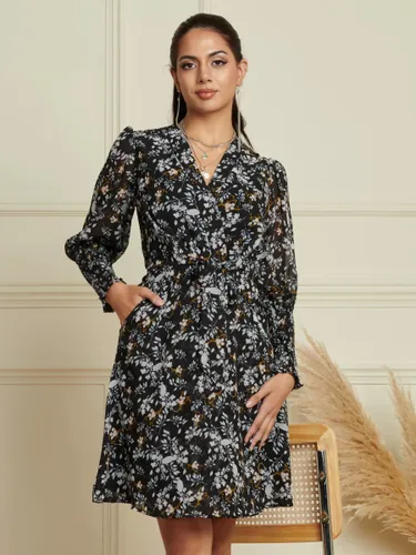 Jolie Moi Shirred Tie Waist Floral Print Mini Dress - Navy - Female