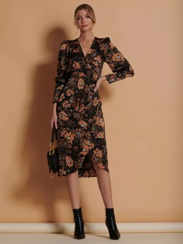 Jolie Moi Sketch Floral Print Satin Bodycon Wrap Dress, Brown/Multi - Brown/Multi - Female