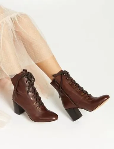 Jones Bootmaker Womens Leather Lace-Up Block Heel Ankle Boots - 5 - Tan, Tan,Black