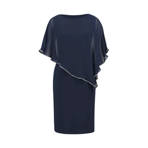 Joseph Ribkoff , Asymmetric Chiffon Dress with Cape ,Blue female, Sizes:
