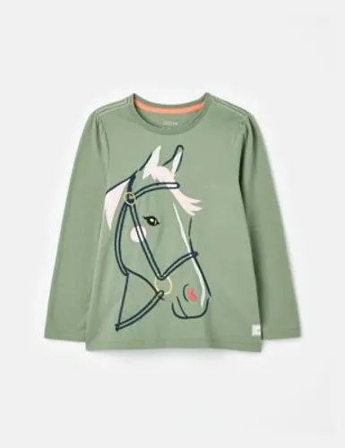 Joules Girls Cotton Rich Horse Top (2-8 Yrs) - 2y - Green Mix, Green Mix