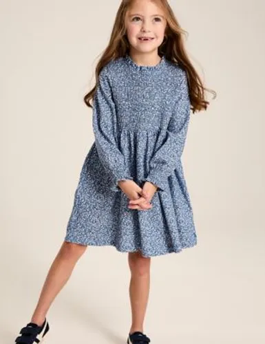 Joules Girls Pure Cotton Floral Shirred Dress (2-10 Yrs) - 7y - Blue Mix, Blue Mix