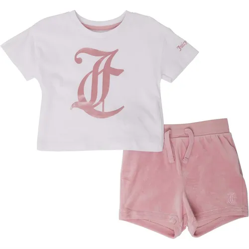 Juicy Couture Girls Tonal Print T-Shirt And Velour Shorts Set Bright White