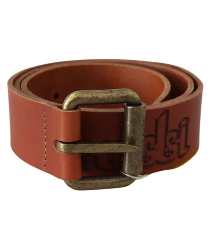 Just Cavalli WoMens Brown Leather Logo Bronze Rustic Metal Buckle Belt Wool