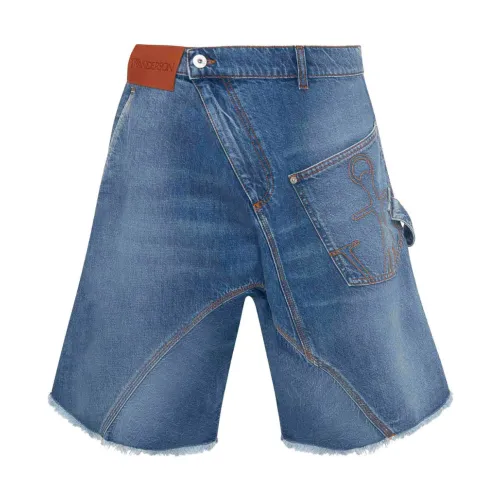 JW Anderson , Denim Shorts with Whiskering Effect and Anchor Logo ,Blue male, Sizes: