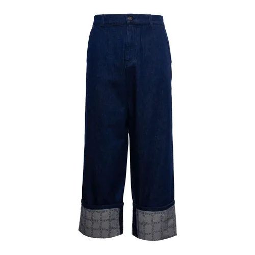 JW Anderson , Indigo Blue Grid-Print Wide-Leg Jeans ,Blue male, Sizes:
