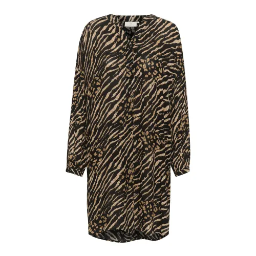 Kaffe , Animal Print Oversized Dress with Long Sleeves ,Brown female, Sizes: