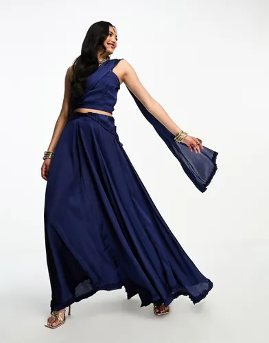 Kanya London Bridesmaid Lehenga full flare frill skirt & scarf in navy-Blue