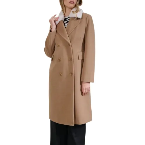 Kaos , Long Fur Collar Camel Coat ,Brown female, Sizes: