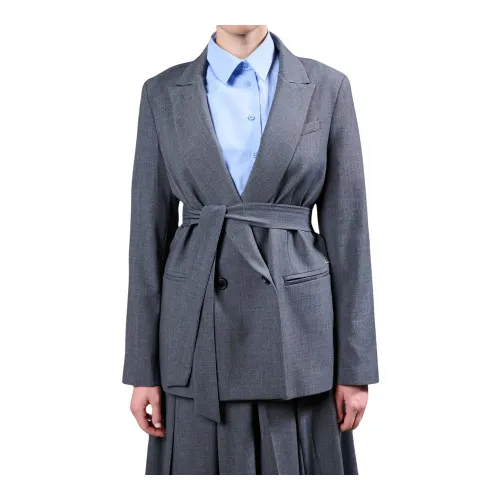 Kaos , Medium Grey Melange Blazer with Revers and Belt ,Gray female, Sizes: