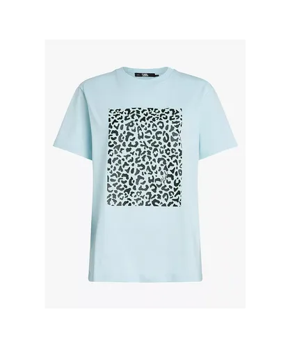 Karl Lagerfeld Womens Kl Leopard Print T-Shirt Short Sleeve Crew Neck - Blue