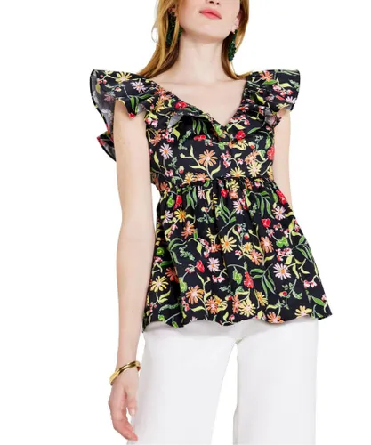 Kate Spade Womens New York Rooftop Garden Floral Ruffle Tops in Black Multi Cotton