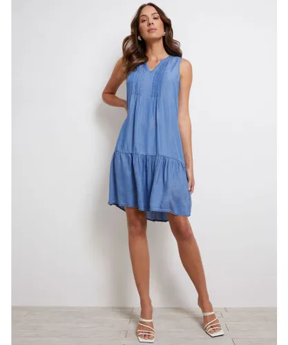 Katies - Womens Dress - Mid Wash Blue -Pintuck - Shift Dresses - Lyocell - Sleeveless - V Neckline -Breathable - Lightweight - Summer Clothing