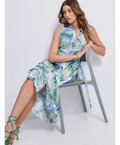 Katies - Womens Dress - White - Blue Green Leaves Print - Sleeveless - Tiered - Belted - Shirt Dresses - Button - Lightweight -Summer Clothing - Multi