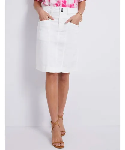 Katies Womens Knee Length Seamed Denim Skirt - White Cotton