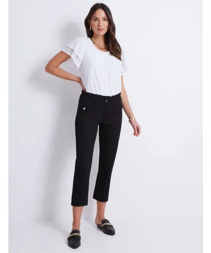 Katies - Womens Pants - Black - Paper Bag Waist - Cotton Blend - Capri Pant - Calf Length - Button Pocket Detail - Stretch Fabric - Clothing