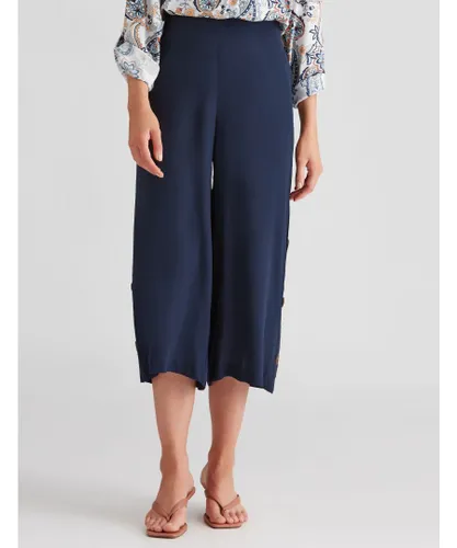 Katies - Womens Pants -Navy Blue - Side Button - Crop Pant - Capri - Calf Length - Wide Leg - Felaxed Fit - Lightweight - Summer - Clothing Viscose