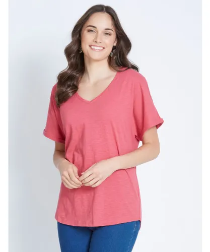 Katies Womens Short Sleeve Cotton Slub V-Neck T-Shirt - Berry