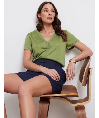 Katies Womens Short Sleeve Double V Knitwear Top - Green Viscose