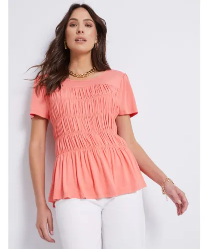 Katies Womens Short Sleeve Rusched Front Knitwear Top - Peach
