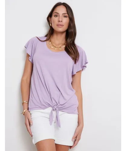 Katies Womens Short Sleeve Tie Front Knit Top - Purple