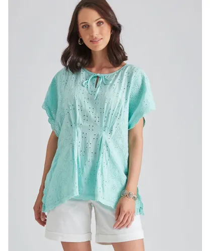 Katies Womens Woven Broderie Lace Kaftan Style Top - Green Viscose