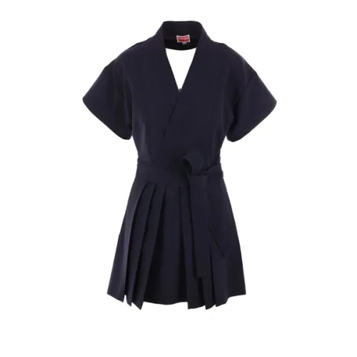 Kenzo , Blue Wool V-Neck Pleated Dress ,Blue female, Sizes:
