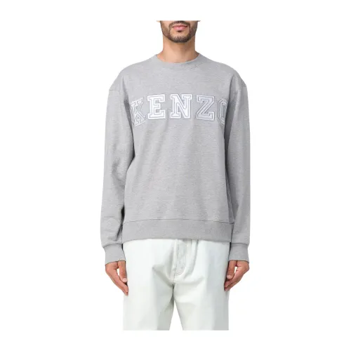 Kenzo , Light Grey Cotton Sweater with Embroidered Logo ,Gray male, Sizes: