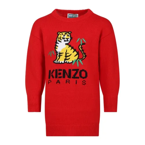 Kenzo , Red Jersey Dress with Tiger Logo ,Red female, Sizes: