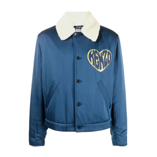 Kenzo , Royal Blue Heart Embroidery Shearling Collar Jacket ,Blue male, Sizes: