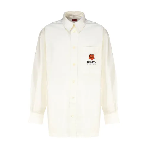 Kenzo , White Cotton Shirt with Flower Detail ,White male, Sizes:
