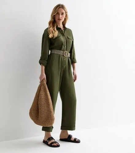 Khaki Cotton Belted Utility Crop Jumpsuit New Look