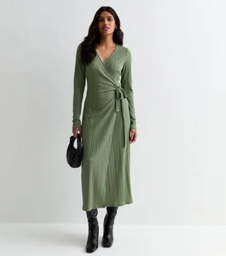 Khaki Ribbed Long Sleeve Wrap Midi Dress New Look