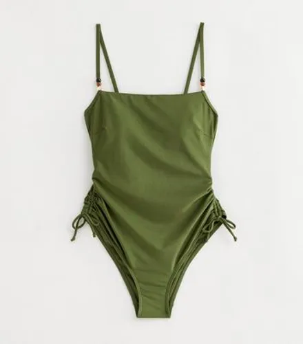 Khaki Square Neck Ruched Side Swimsuit New Look