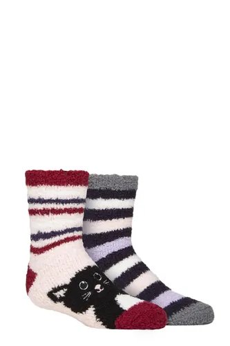 Kids 2 Pair SOCKSHOP Wildfeet Cosy Lounge Socks with Anti-Slip Grip Cat / Stripes 12.5-3.5