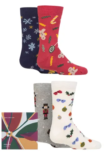 Kids 4 Pair Thought Noel Christmas Organic Cotton Gift Boxed Socks Multi Kids 2-3 Years